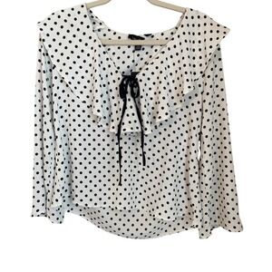 Lea & Viola Anthropologie Size XS Polka Dot Ruffle Neck Blouse Black Cream